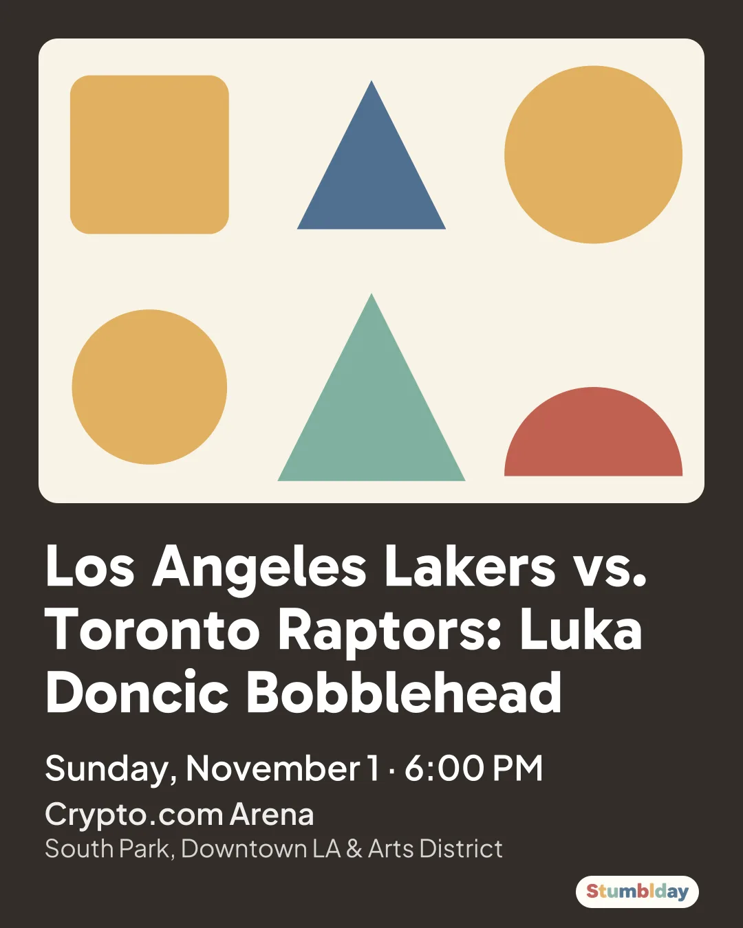 Flyer for Los Angeles Lakers vs. Toronto Raptors: Luka Doncic Bobblehead: Sunday, November 1 · 6:00 PM at Crypto.com Arena