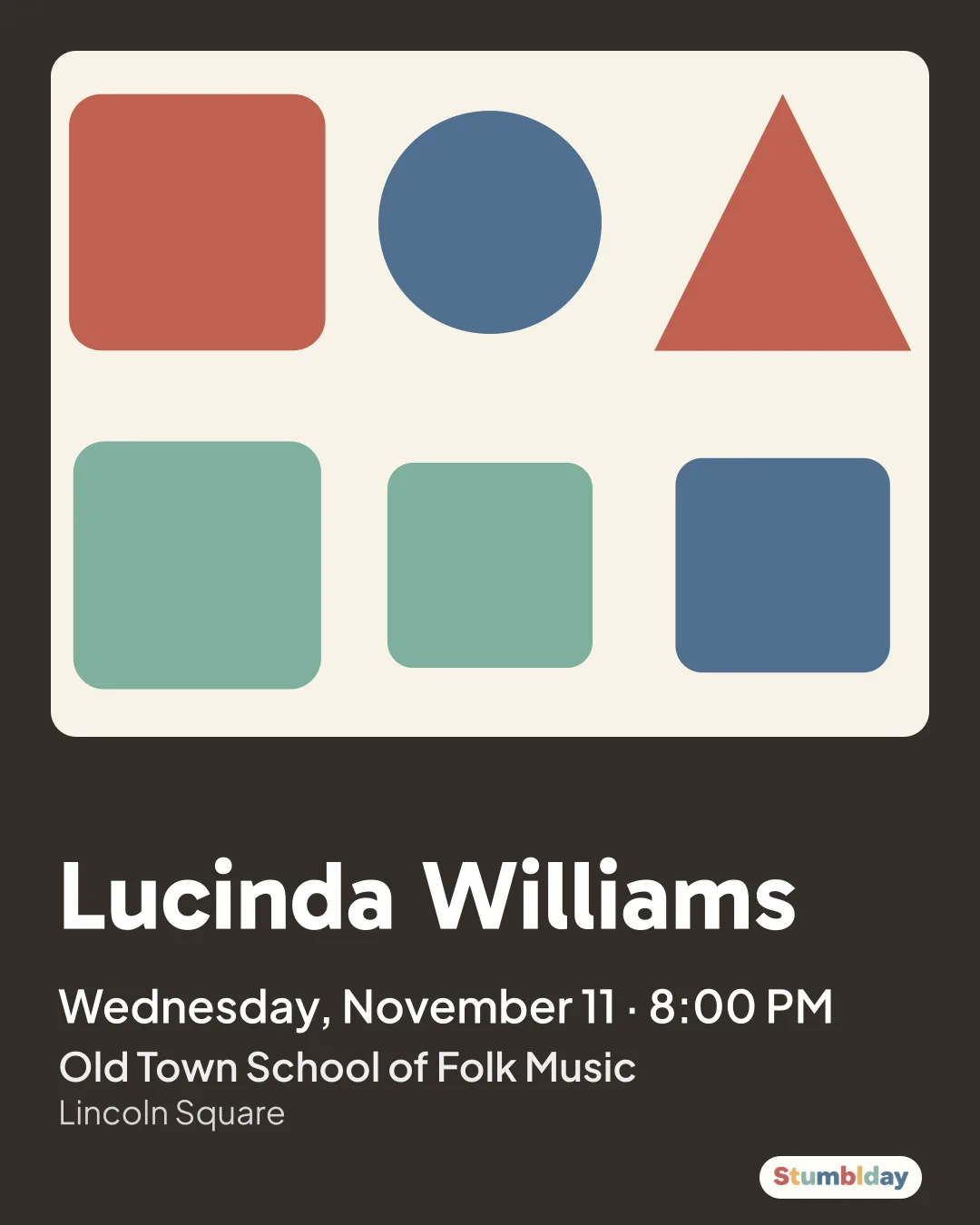 Flyer for Lucinda Williams: Wednesday, November 11 · 8:00 PM at Old Town School of Folk Music