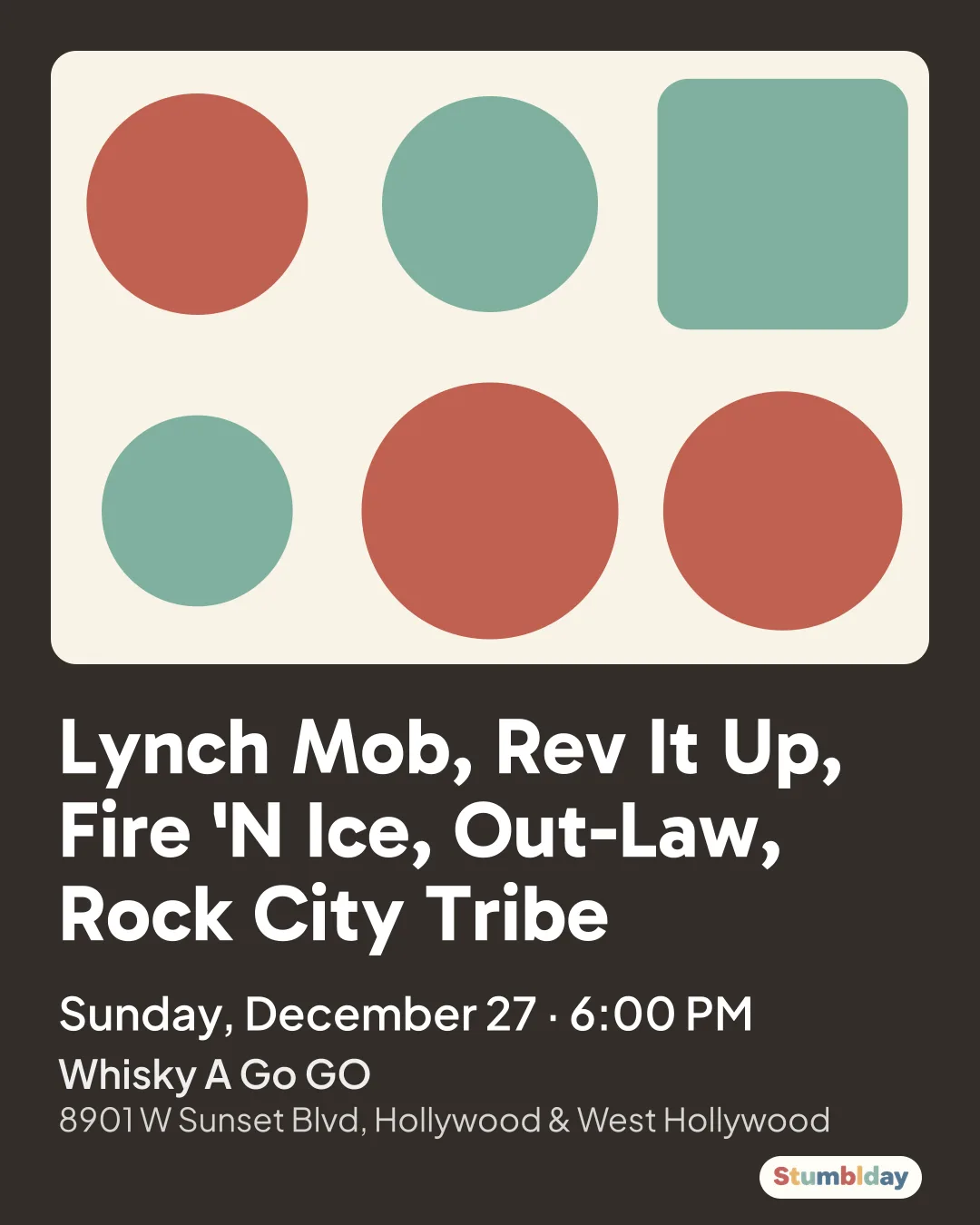 Flyer for Lynch Mob, Rev It Up, Fire 'N Ice, Out-Law, Rock City Tribe: Sunday, December 27 · 6:00 PM at Whisky A Go GO