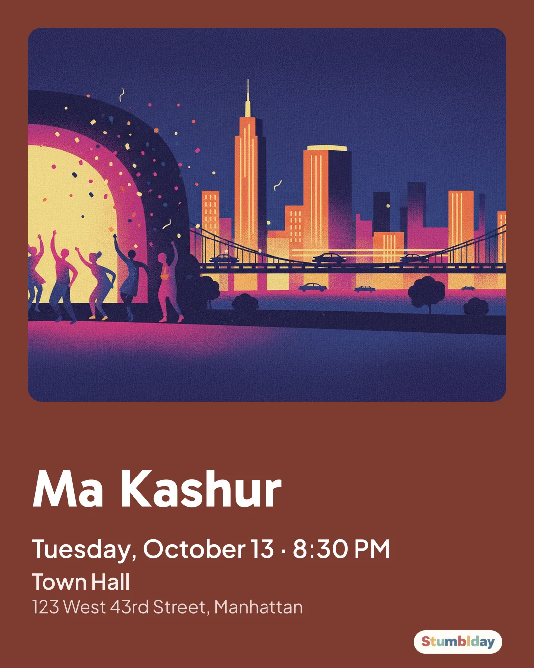 Flyer for Ma Kashur: Tuesday, October 13 · 8:30 PM at Town Hall