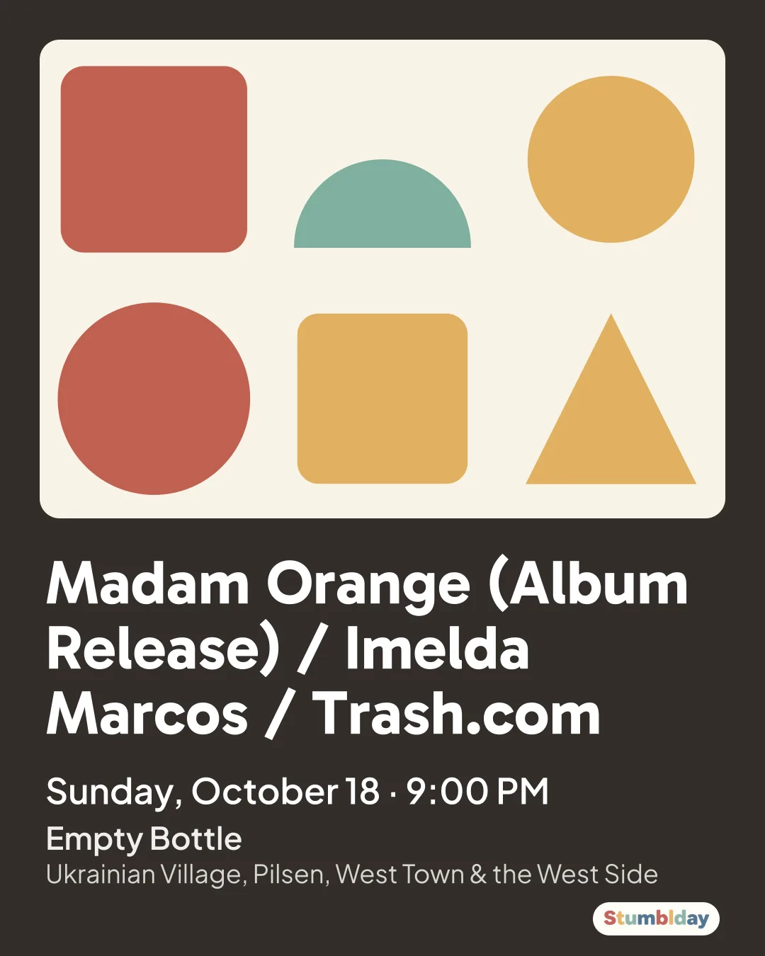 Flyer for Madam Orange (Album Release) / Imelda Marcos / Trash.com: Sunday, October 18 · 9:00 PM at Empty Bottle