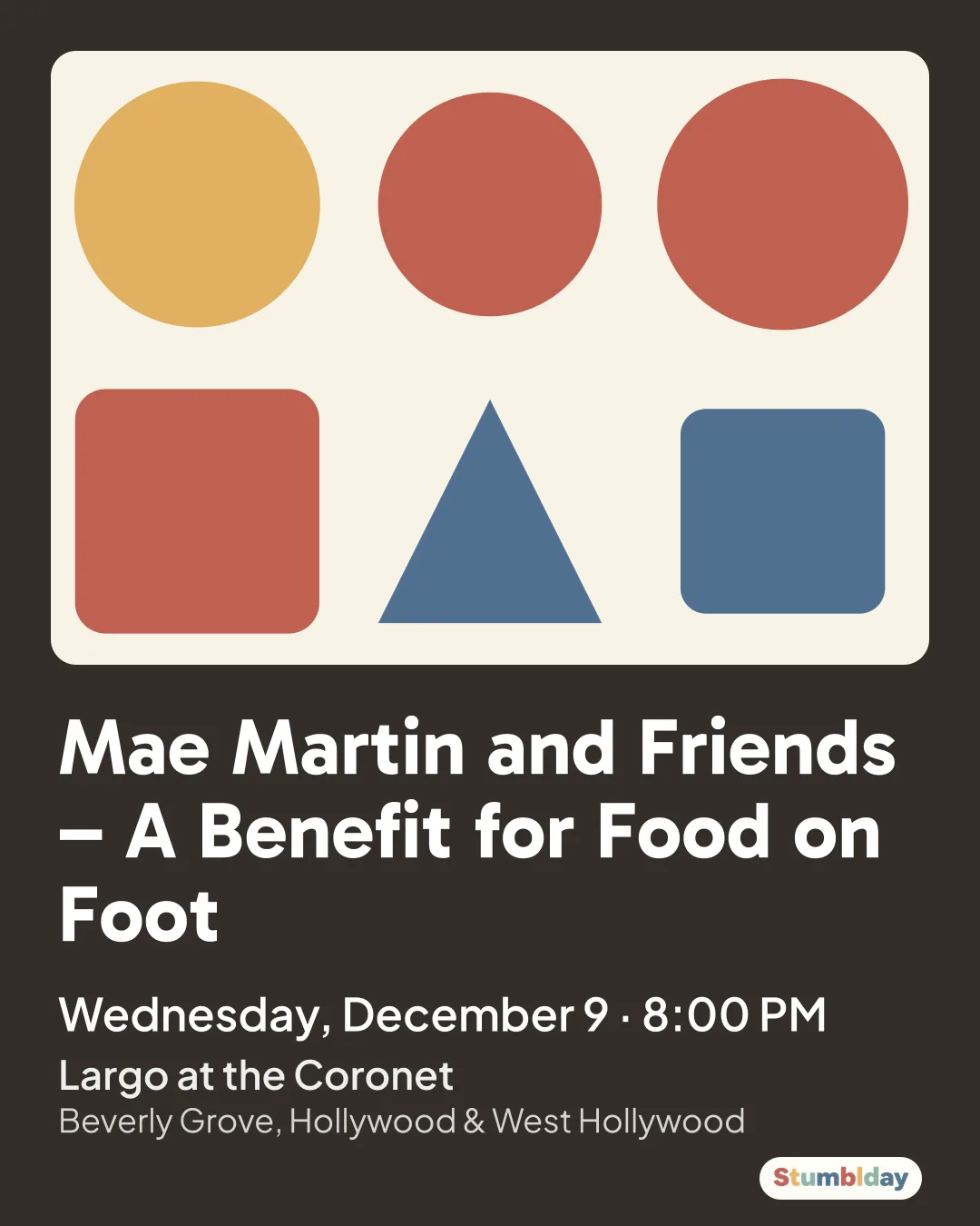 Flyer for Mae Martin and Friends – A Benefit for Food on Foot: Wednesday, December 9 · 8:00 PM at Largo at the Coronet
