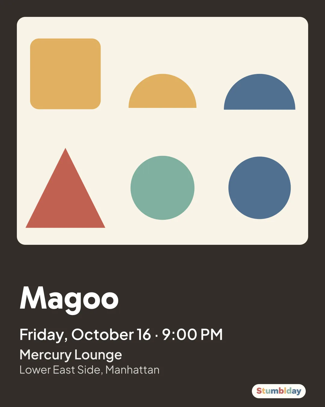 Flyer for Magoo: Friday, October 16 · 9:00 PM at Mercury Lounge