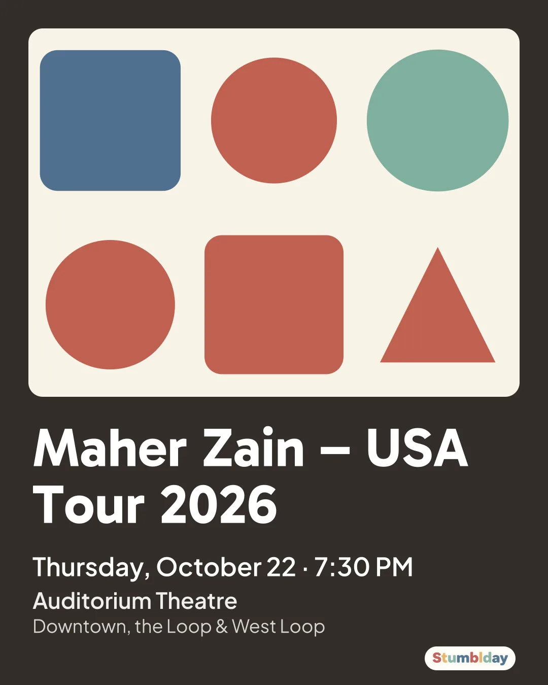 Flyer for Maher Zain – USA Tour 2026: Thursday, October 22 · 7:30 PM at Auditorium Theatre