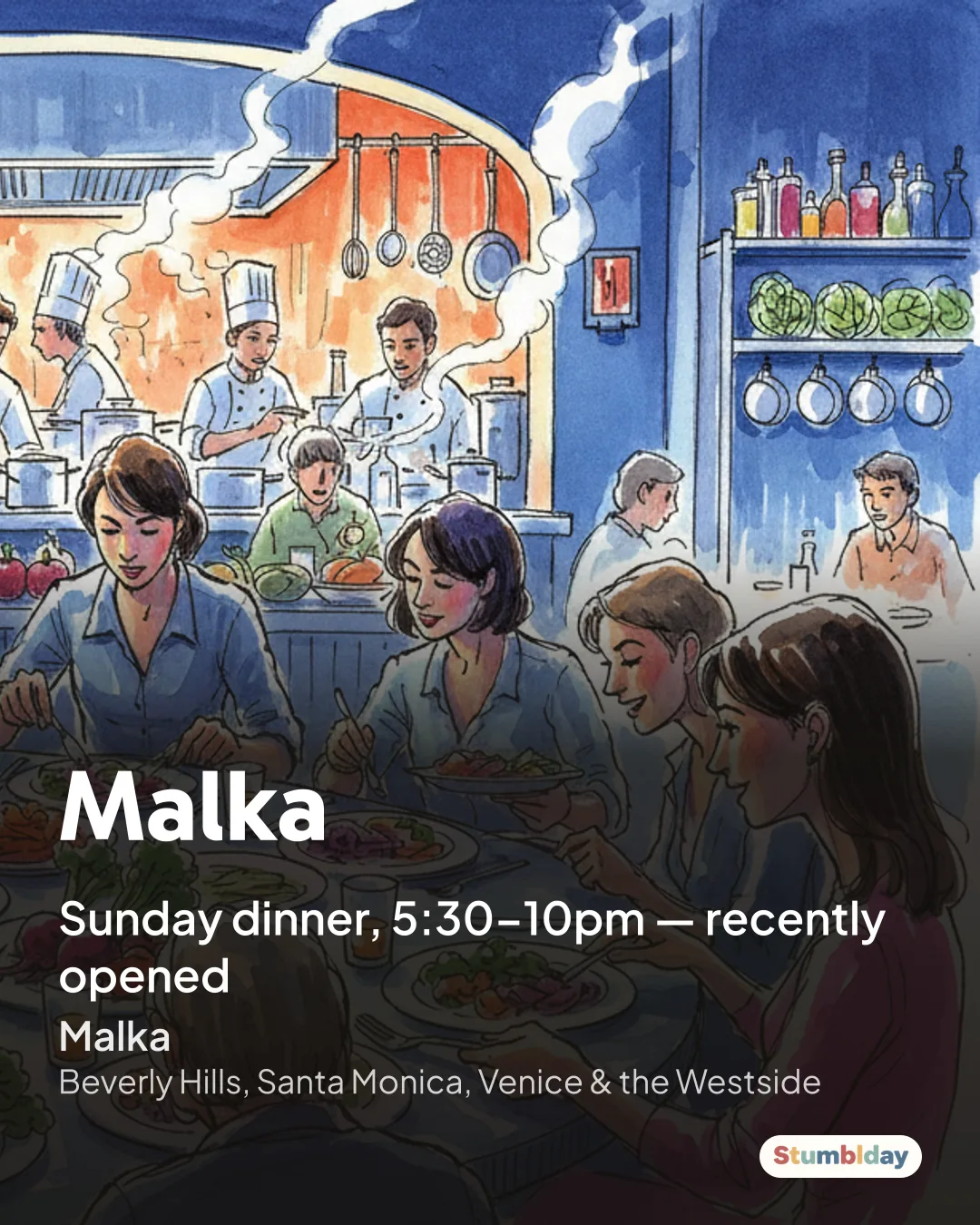 Flyer for Malka: Sunday dinner, 5:30–10pm — recently opened at Malka