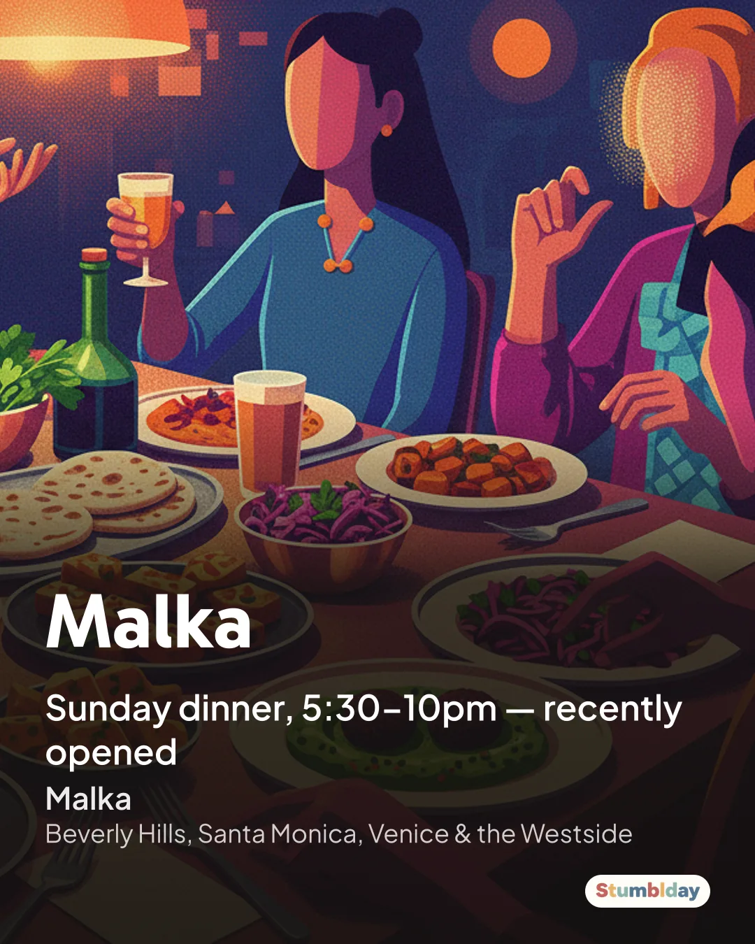 Flyer for Malka: Sunday dinner, 5:30–10pm — recently opened at Malka