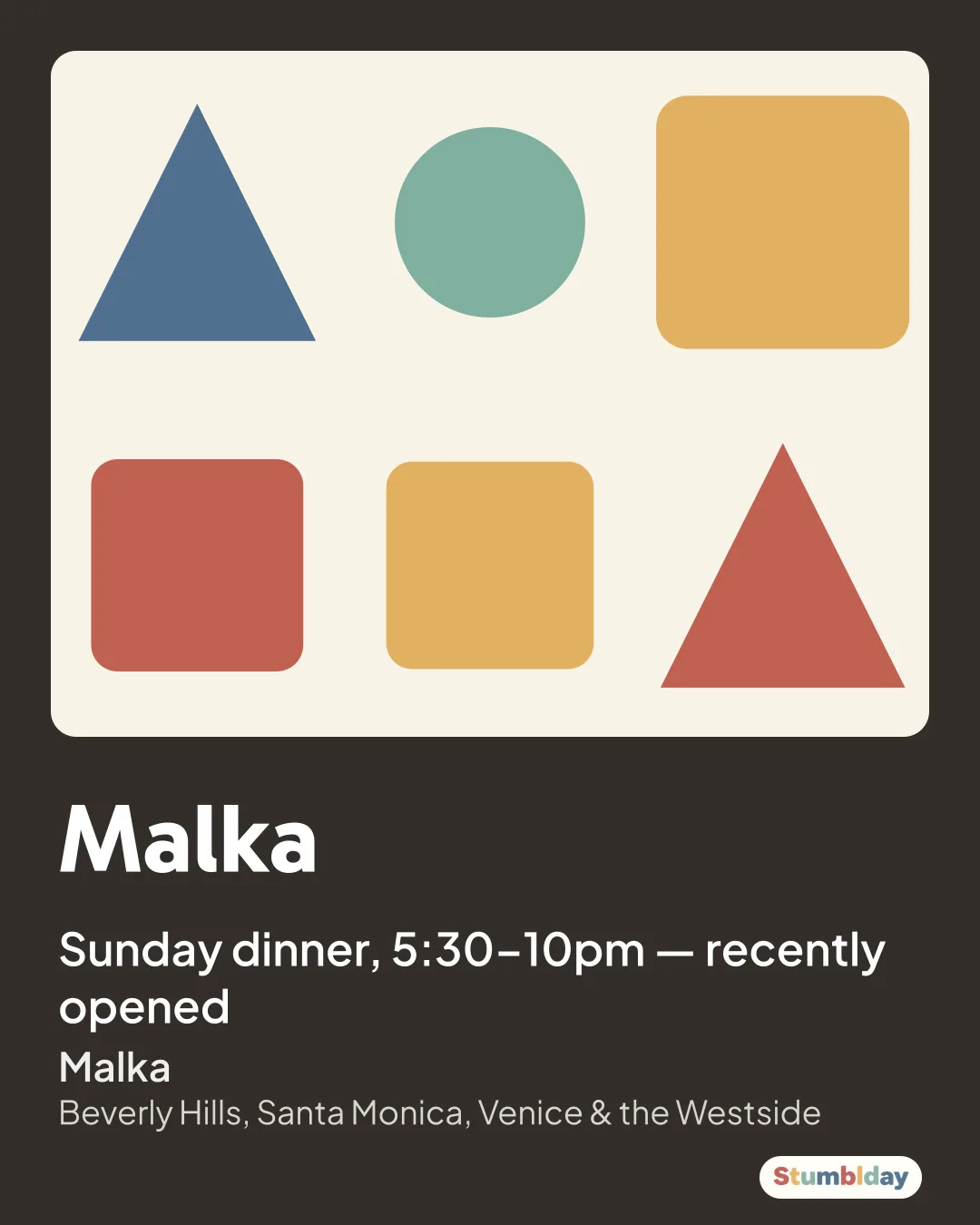 Flyer for Malka: Sunday dinner, 5:30–10pm — recently opened at Malka