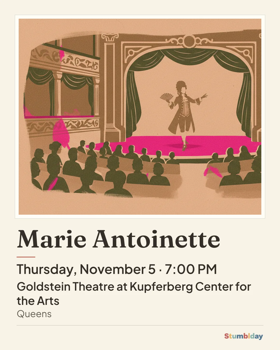 Flyer for Marie Antoinette: Thursday, November 5 · 7:00 PM at Goldstein Theatre at Kupferberg Center for the Arts