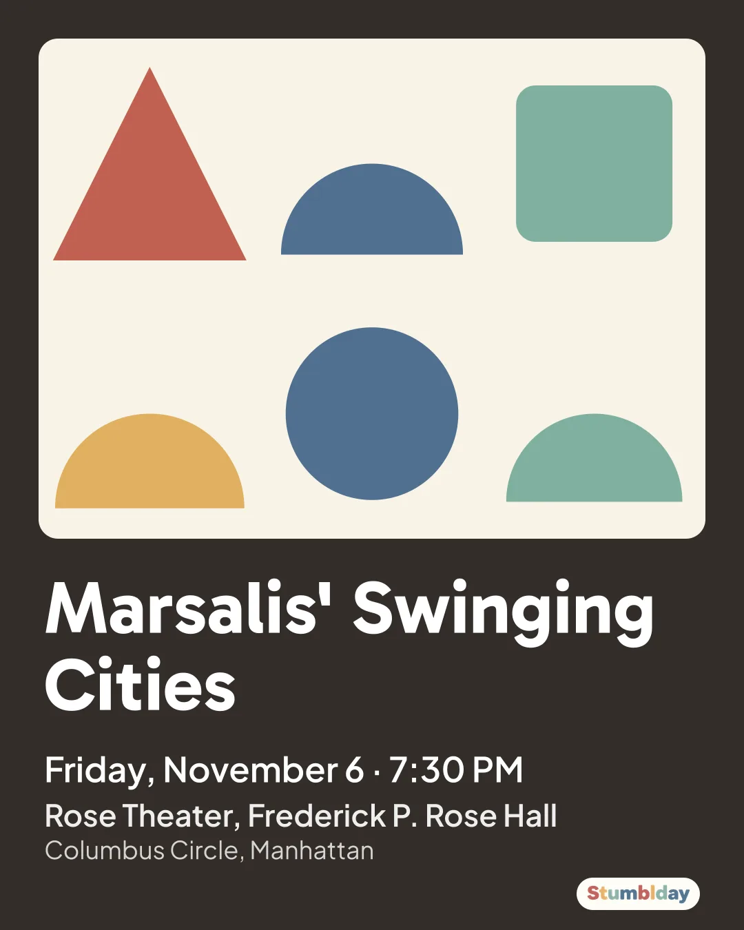 Flyer for Marsalis' Swinging Cities: Friday, November 6 · 7:30 PM at Rose Theater, Frederick P. Rose Hall