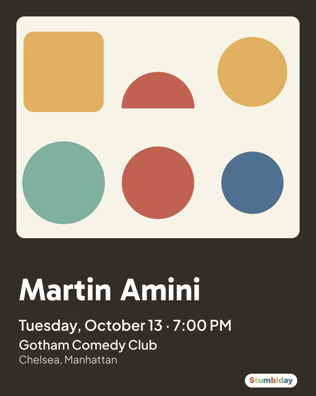 Flyer for Martin Amini: Tuesday, October 13 · 7:00 PM at Gotham Comedy Club