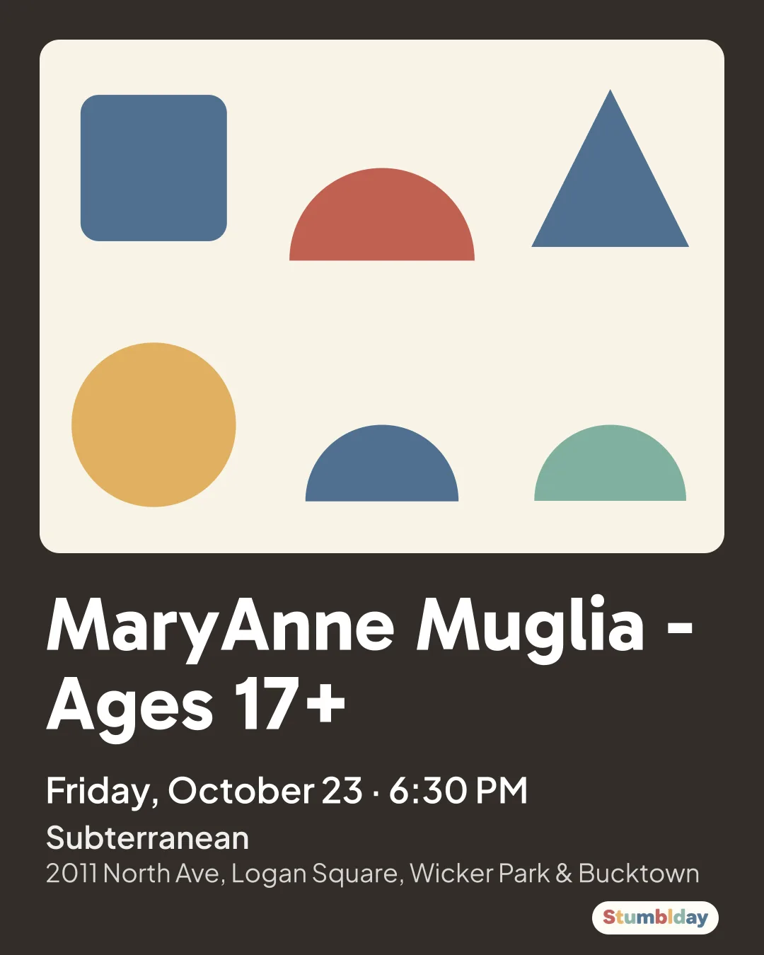 Flyer for MaryAnne Muglia - Ages 17+: Friday, October 23 · 6:30 PM at Subterranean