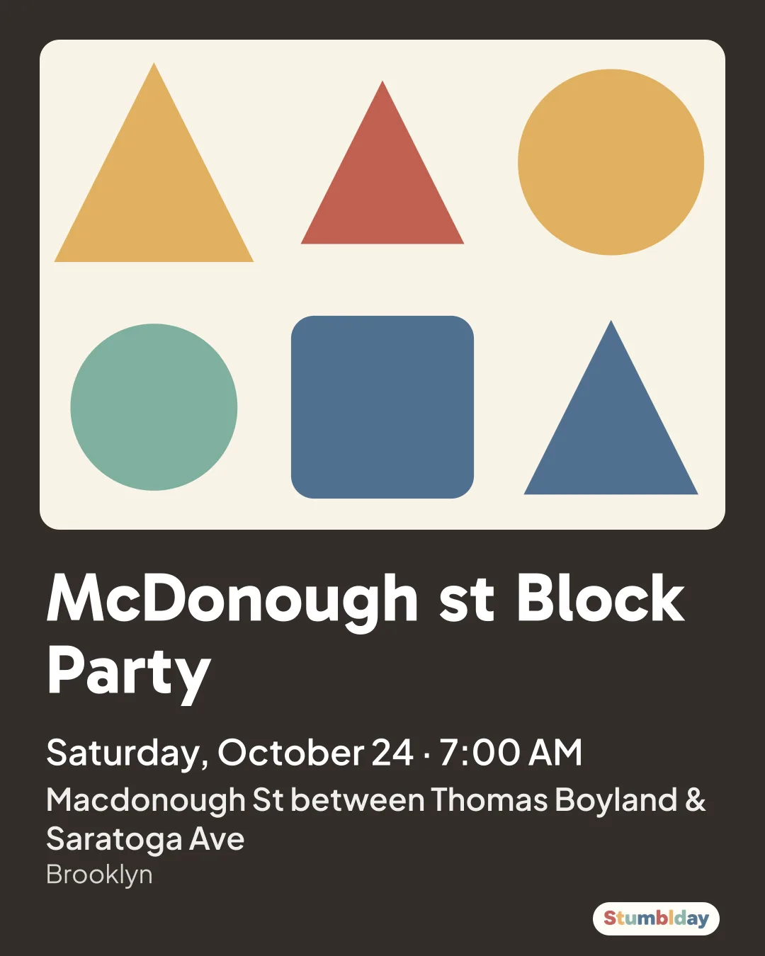 Flyer for McDonough st Block Party: Saturday, October 24 · 7:00 AM at Macdonough St between Thomas Boyland & Saratoga Ave
