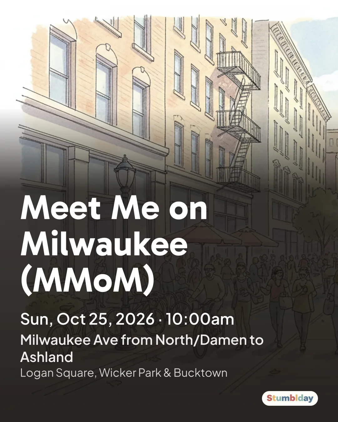 Flyer for Meet Me on Milwaukee (MMoM): Sun, Oct 25, 2026 · 10:00am at Milwaukee Ave from North/Damen to Ashland