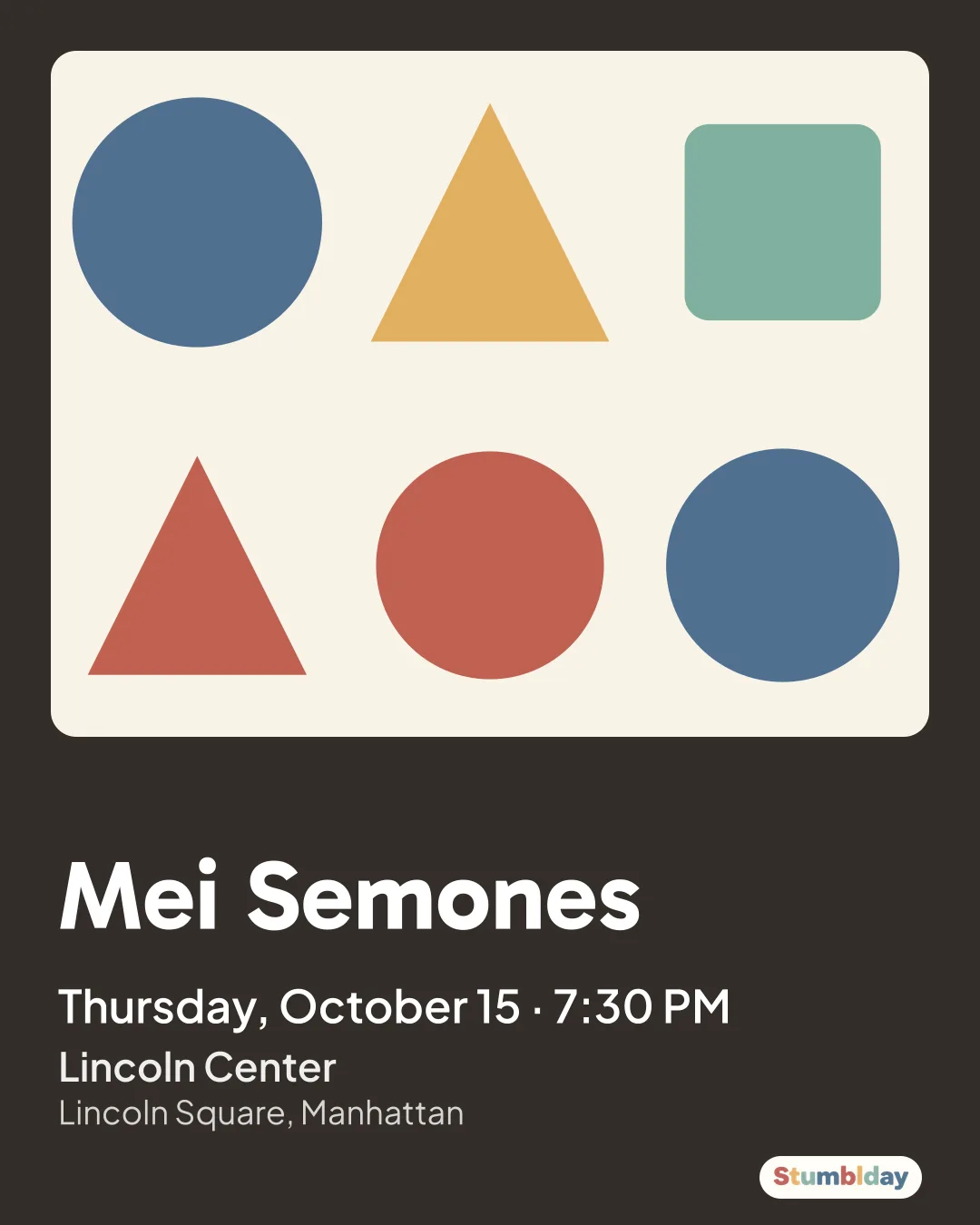 Flyer for Mei Semones: Thursday, October 15 · 7:30 PM at Lincoln Center