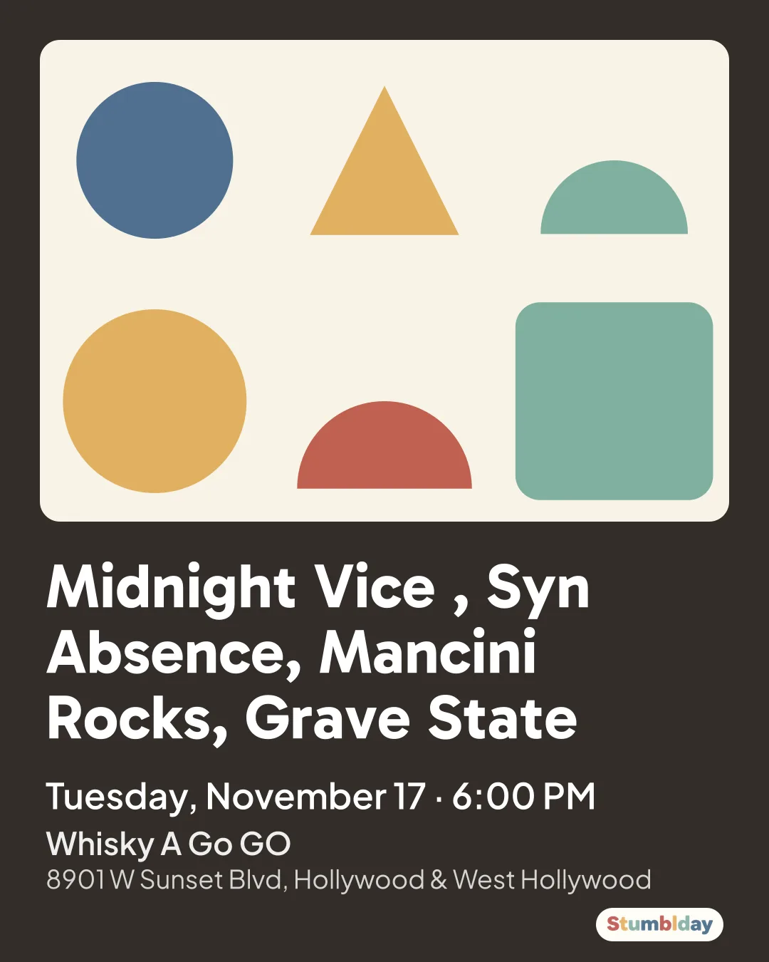 Flyer for Midnight Vice , Syn Absence, Mancini Rocks, Grave State: Tuesday, November 17 · 6:00 PM at Whisky A Go GO