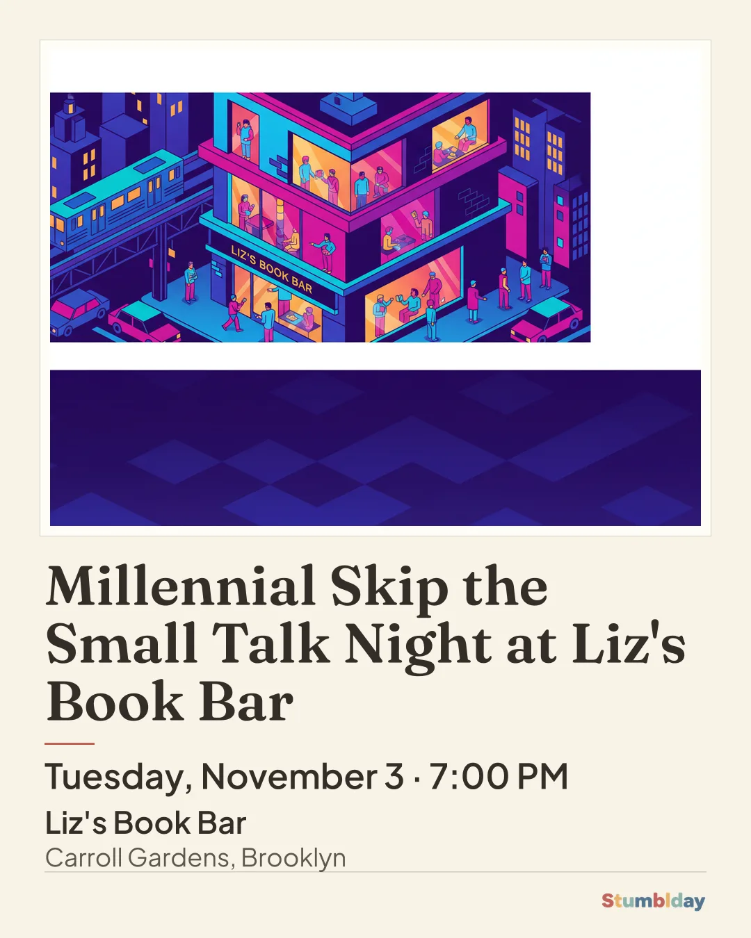 Flyer for Millennial Skip the Small Talk Night at Liz's Book Bar: Tuesday, November 3 · 7:00 PM at Liz's Book Bar