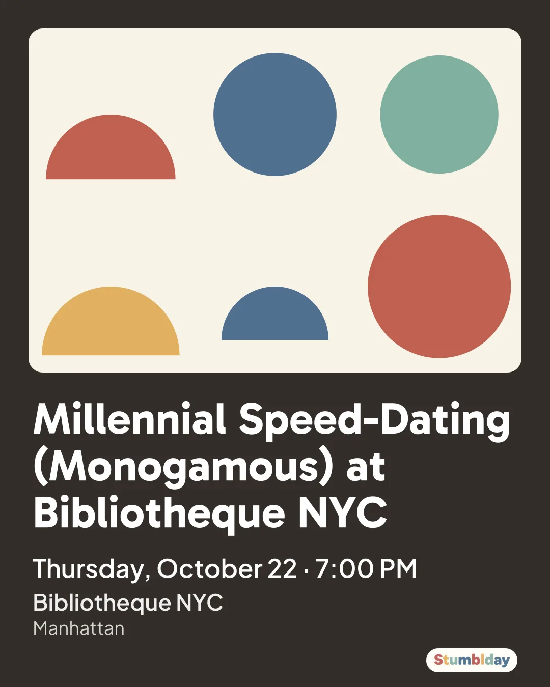 Flyer for Millennial Speed-Dating (Monogamous) at Bibliotheque NYC: Thursday, October 22 · 7:00 PM at Bibliotheque NYC