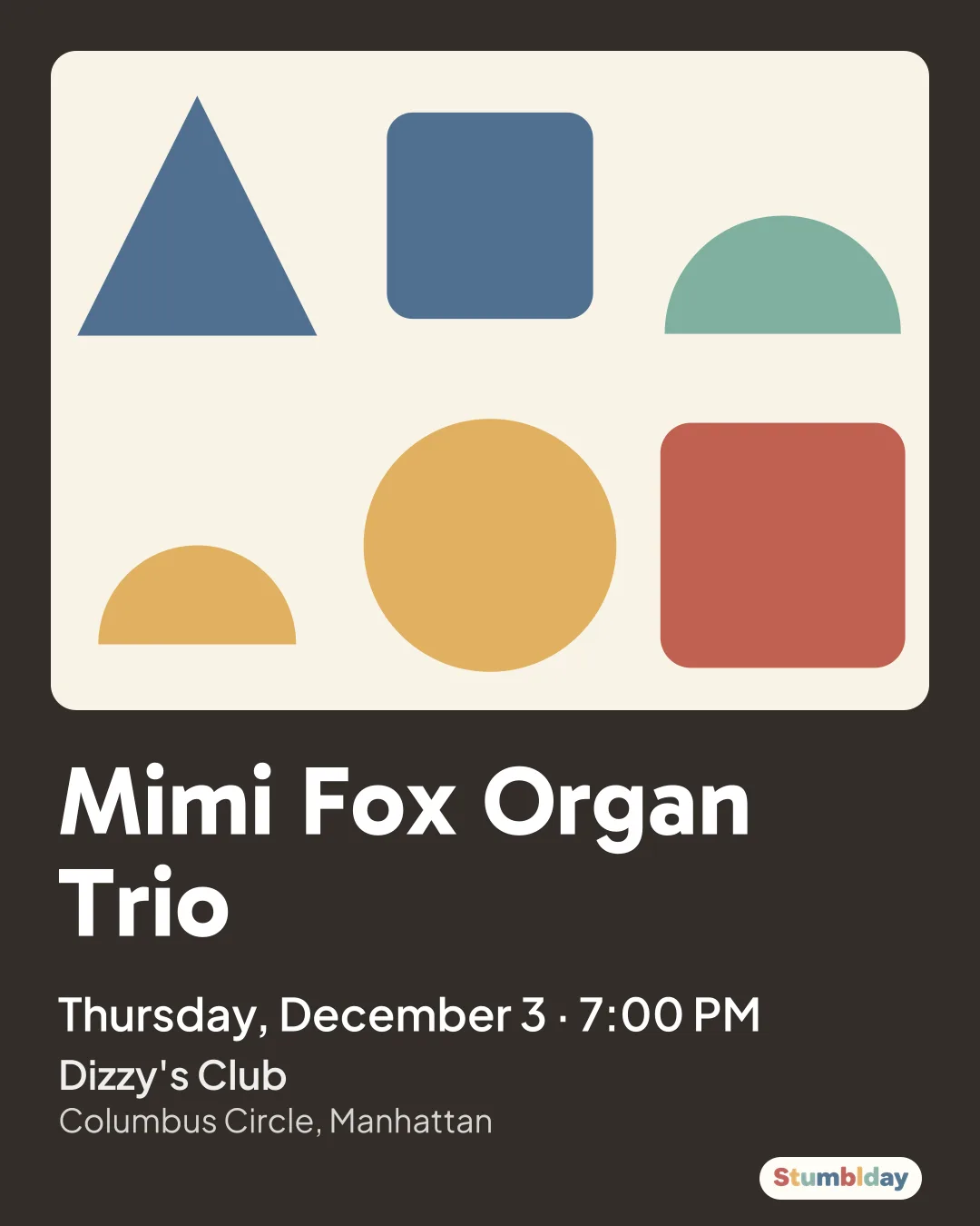 Flyer for Mimi Fox Organ Trio: Thursday, December 3 · 7:00 PM at Dizzy's Club