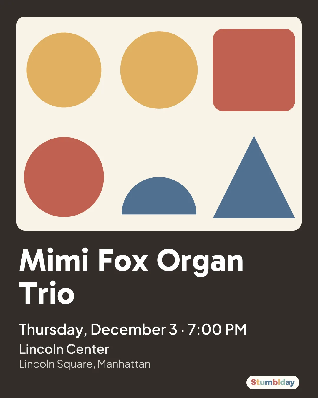 Flyer for Mimi Fox Organ Trio: Thursday, December 3 · 7:00 PM at Lincoln Center