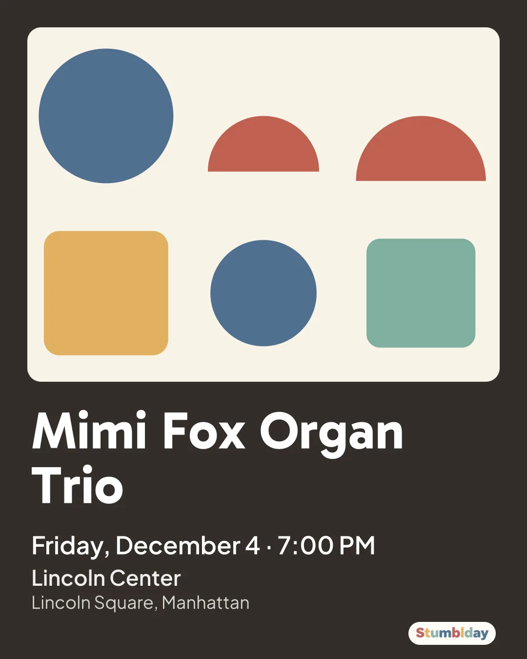 Flyer for Mimi Fox Organ Trio: Friday, December 4 · 7:00 PM at Lincoln Center