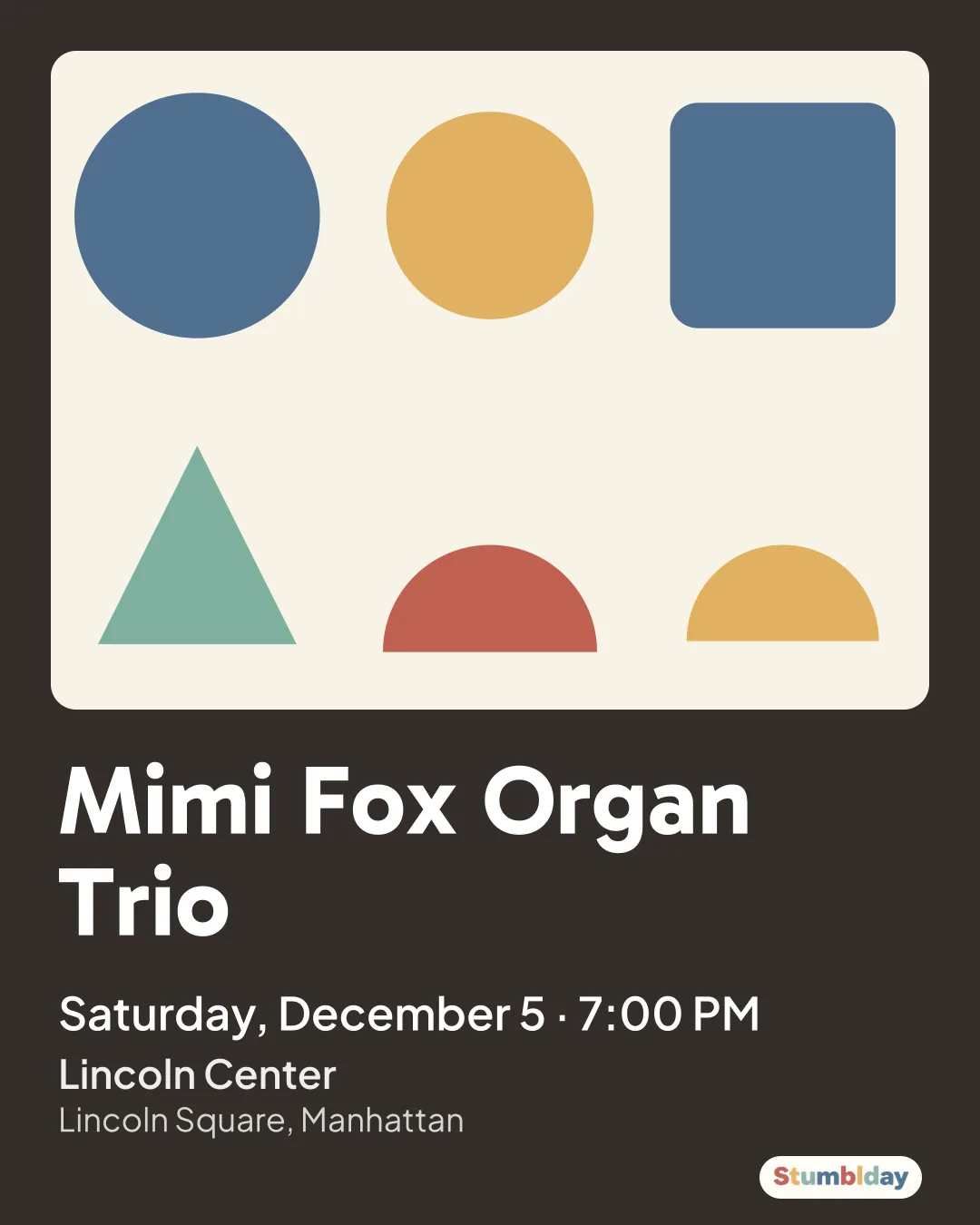 Flyer for Mimi Fox Organ Trio: Saturday, December 5 · 7:00 PM at Lincoln Center