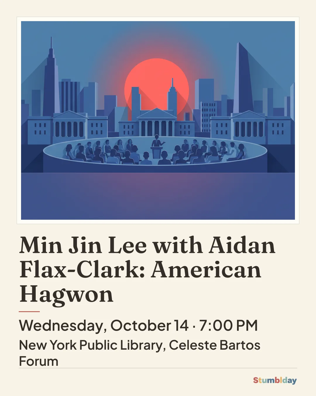 Flyer for Min Jin Lee with Aidan Flax-Clark: American Hagwon: Wednesday, October 14 · 7:00 PM at New York Public Library, Celeste Bartos Forum