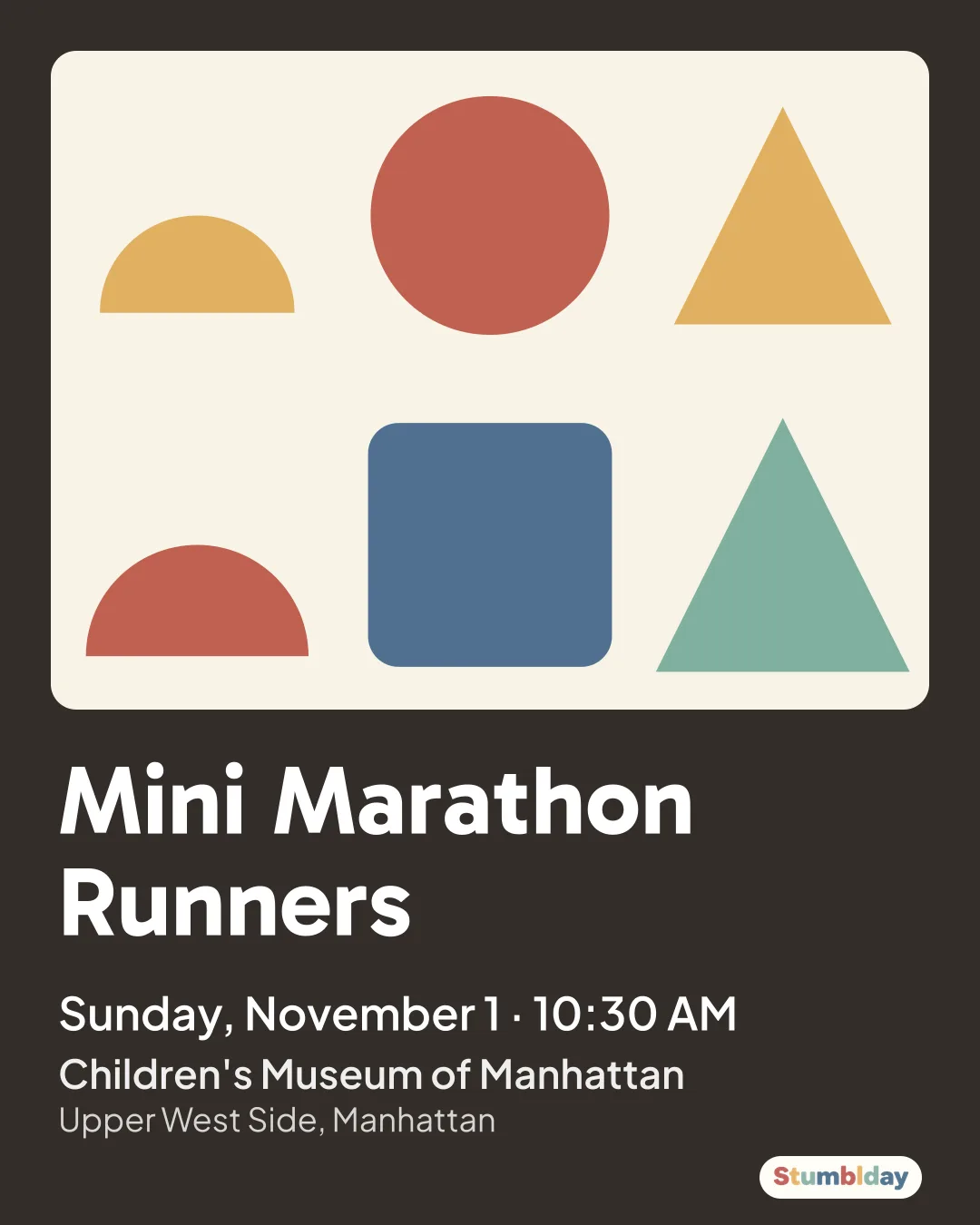 Flyer for Mini Marathon Runners: Sunday, November 1 · 10:30 AM at Children's Museum of Manhattan