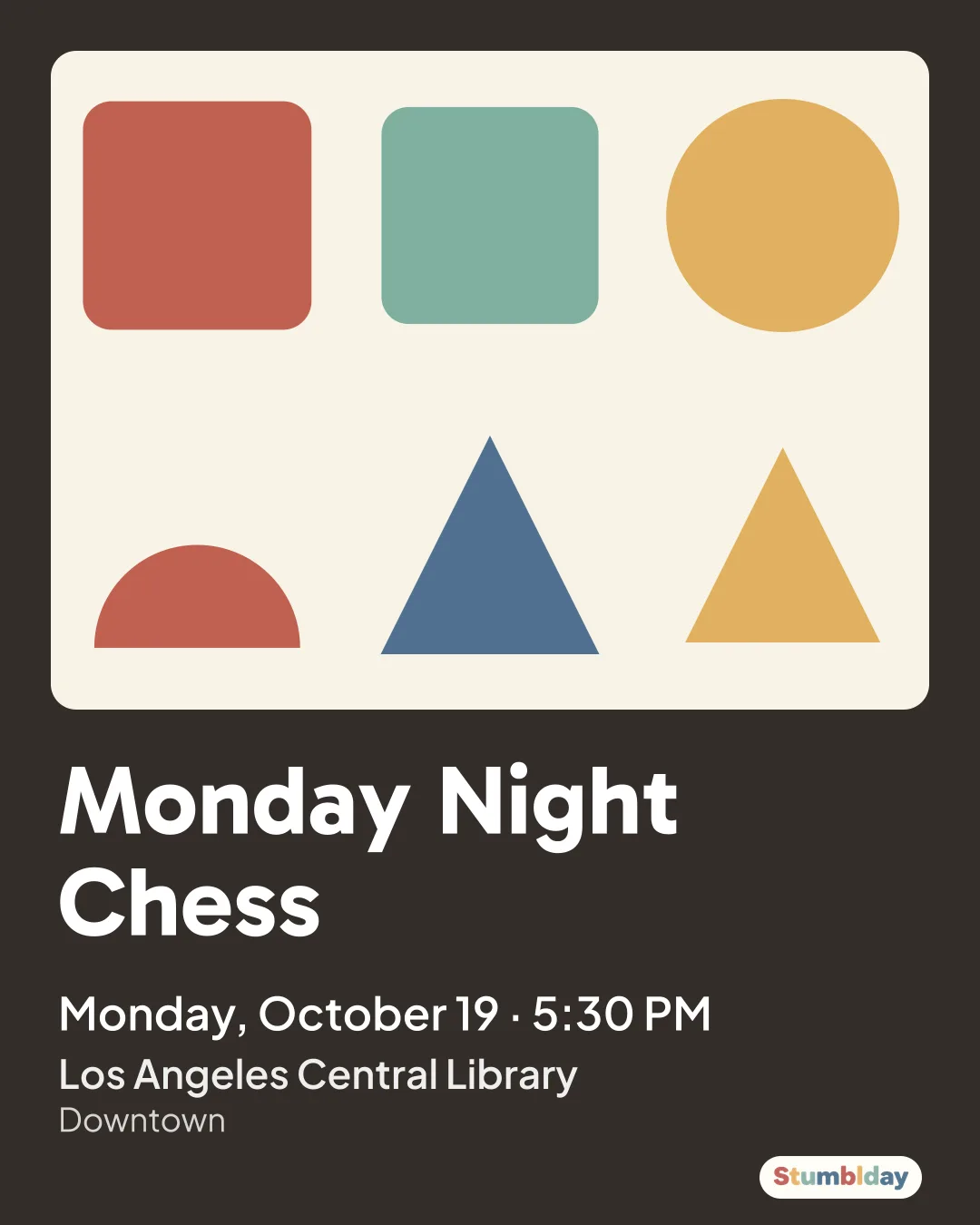 Flyer for Monday Night Chess: Monday, October 19 · 5:30 PM at Los Angeles Central Library