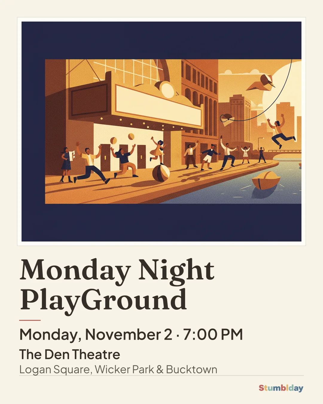 Flyer for Monday Night PlayGround: Monday, November 2 · 7:00 PM at The Den Theatre