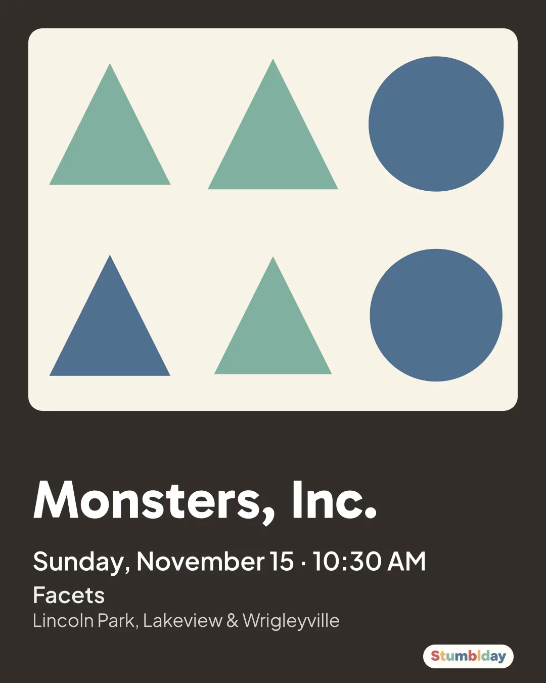 Flyer for Monsters, Inc.: Sunday, November 15 · 10:30 AM at Facets