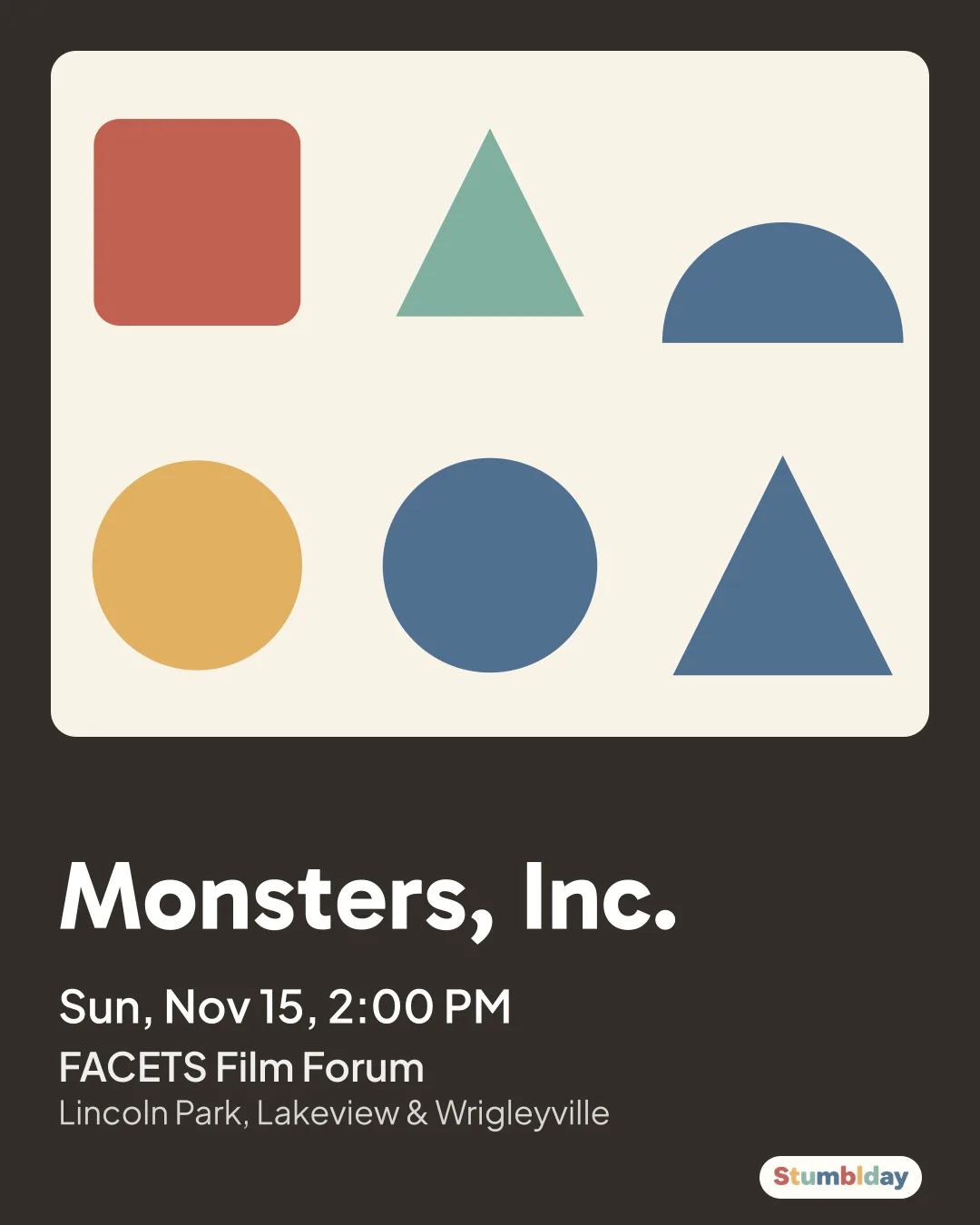 Flyer for Monsters, Inc.: Sun, Nov 15, 2:00 PM at FACETS Film Forum