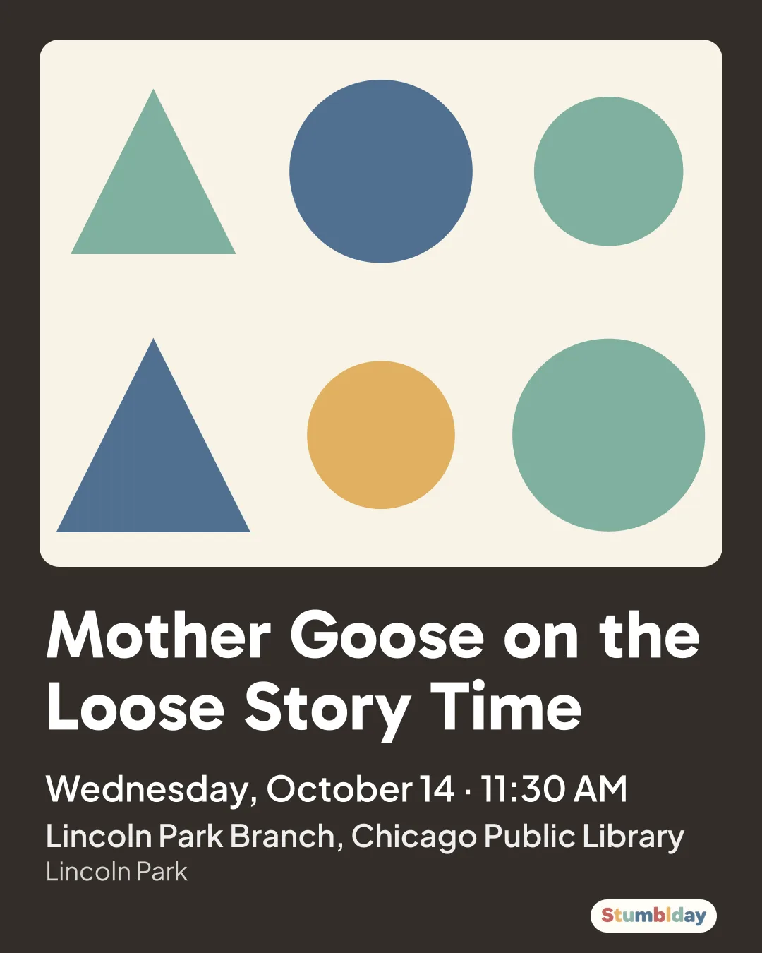 Flyer for Mother Goose on the Loose Story Time: Wednesday, October 14 · 11:30 AM at Lincoln Park Branch, Chicago Public Library