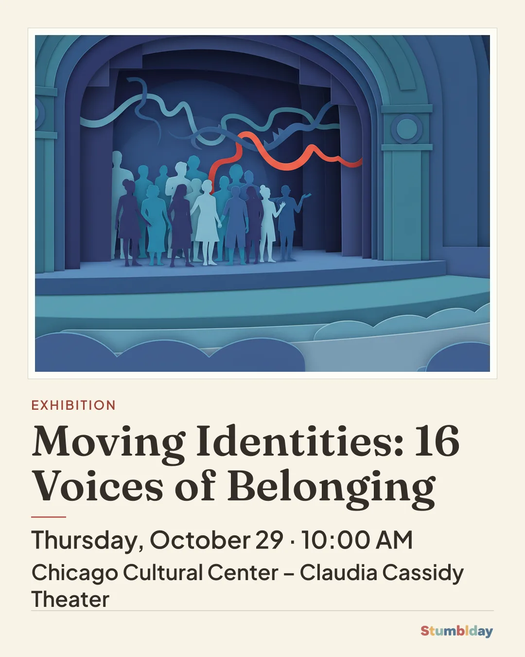 Flyer for Moving Identities: 16 Voices of Belonging: Thursday, October 29 · 10:00 AM at Chicago Cultural Center – Claudia Cassidy Theater