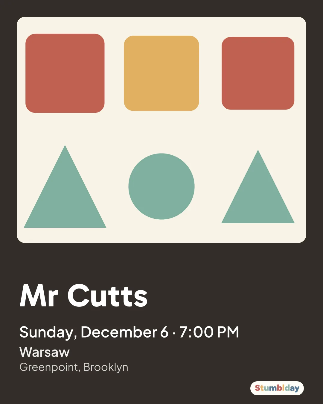 Flyer for Mr Cutts: Sunday, December 6 · 7:00 PM at Warsaw