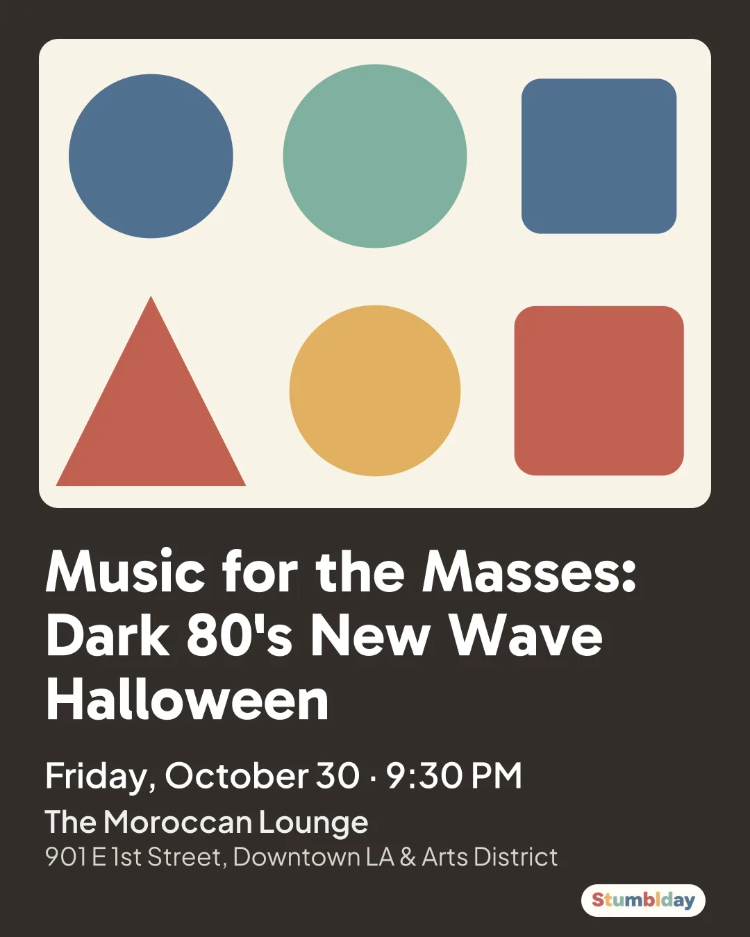 Flyer for Music for the Masses: Dark 80's New Wave Halloween: Friday, October 30 ¡ 9:30 PM at The Moroccan Lounge
