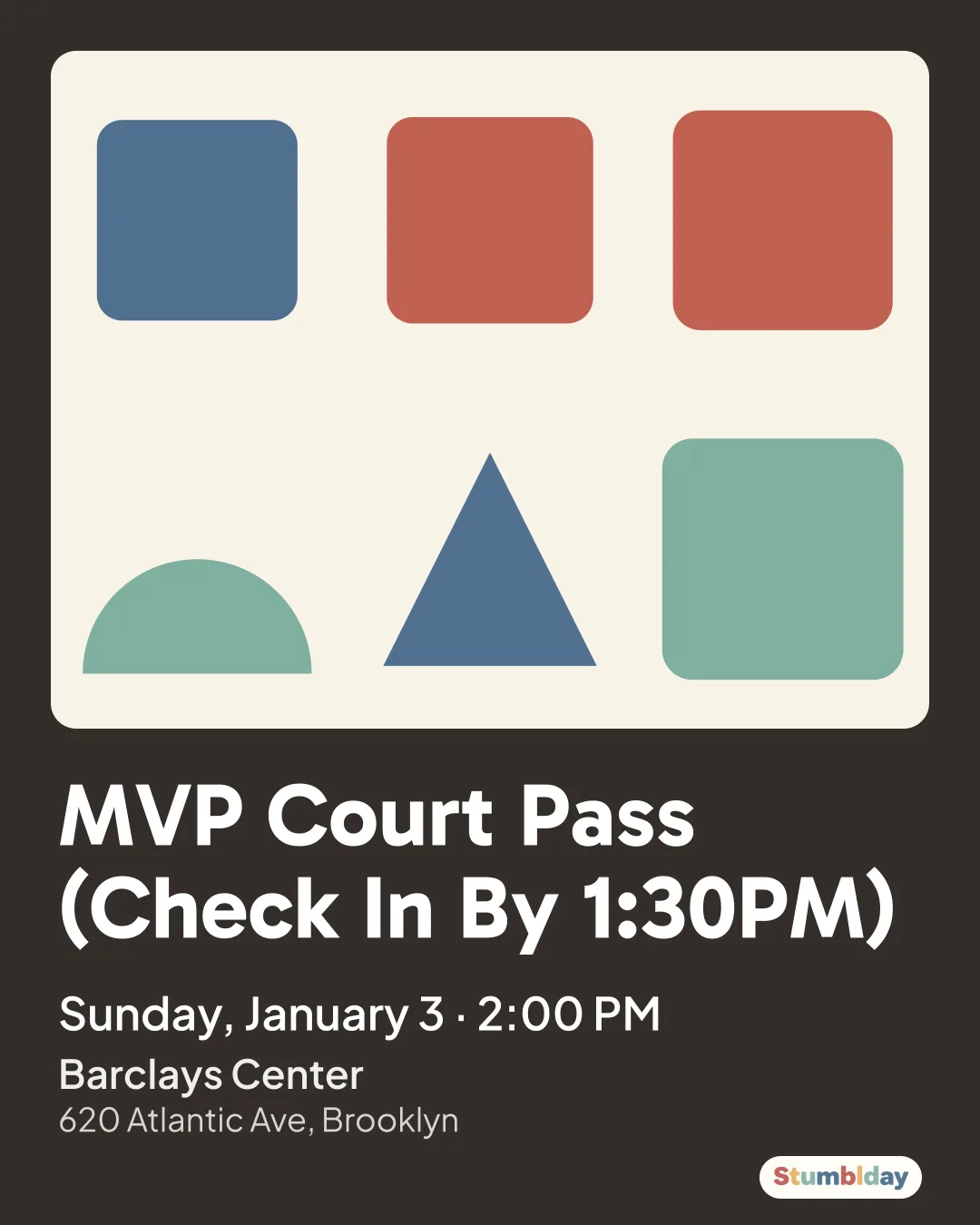 Flyer for MVP Court Pass (Check In By 1:30PM): Sunday, January 3 · 2:00 PM at Barclays Center
