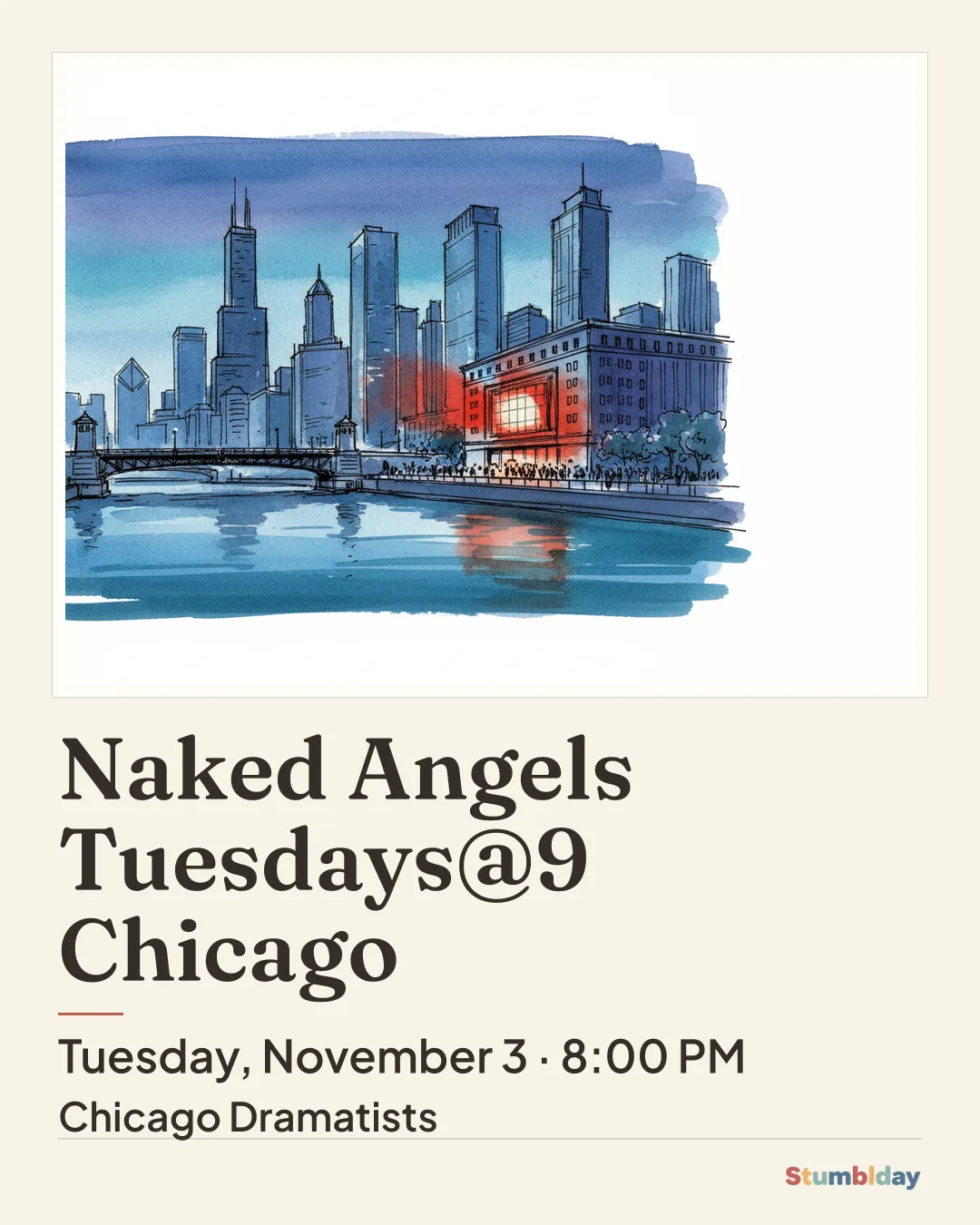 Flyer for Naked Angels Tuesdays@9 Chicago: Tuesday, November 3 · 8:00 PM at Chicago Dramatists
