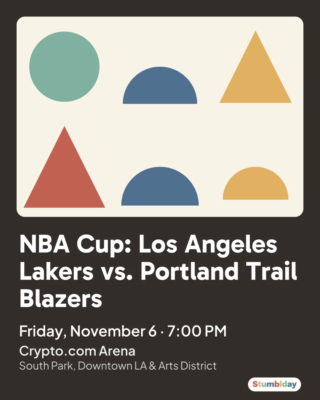 Flyer for NBA Cup: Los Angeles Lakers vs. Portland Trail Blazers: Friday, November 6 · 7:00 PM at Crypto.com Arena