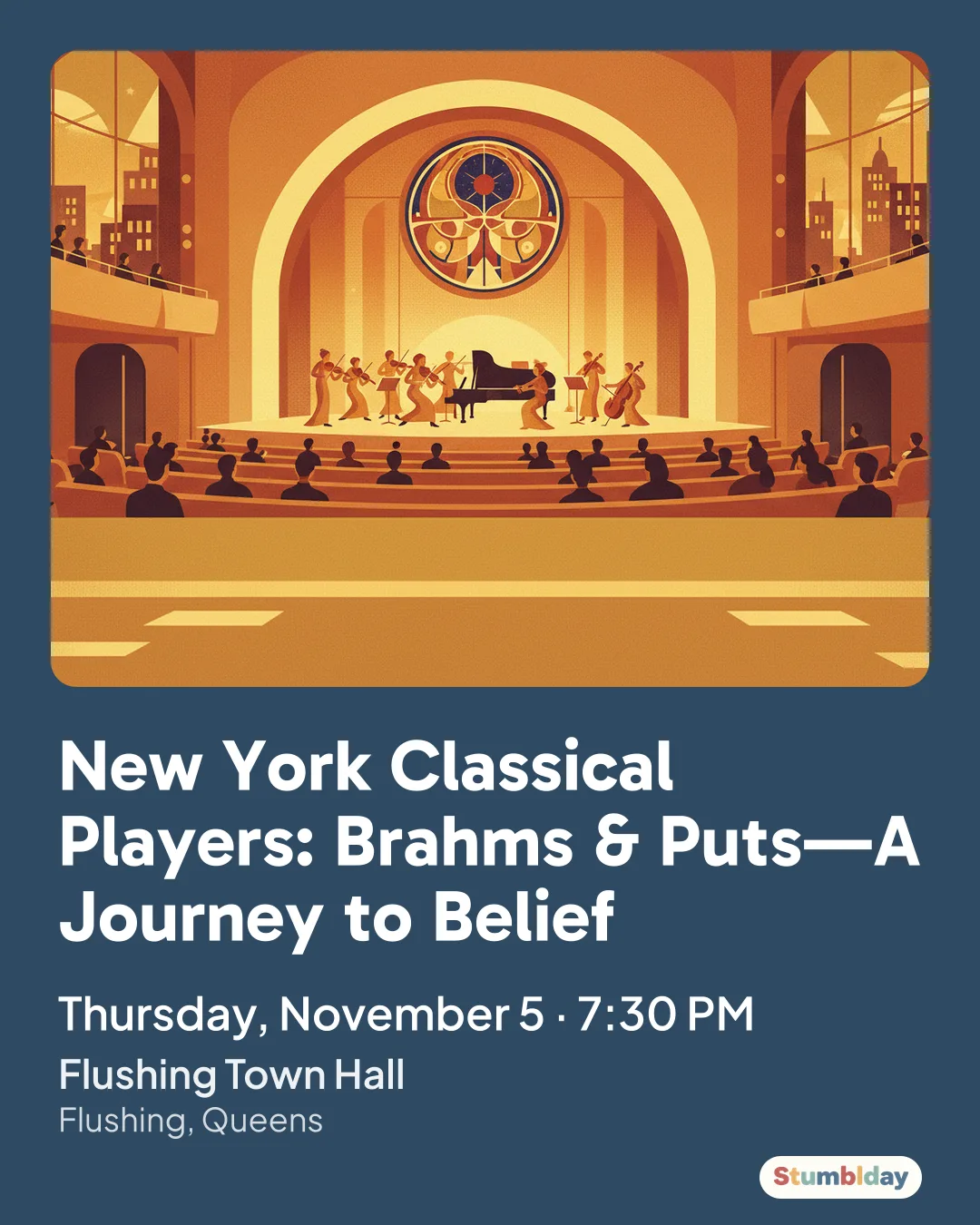 Flyer for New York Classical Players: Brahms & Puts—A Journey to Belief: Thursday, November 5 · 7:30 PM at Flushing Town Hall