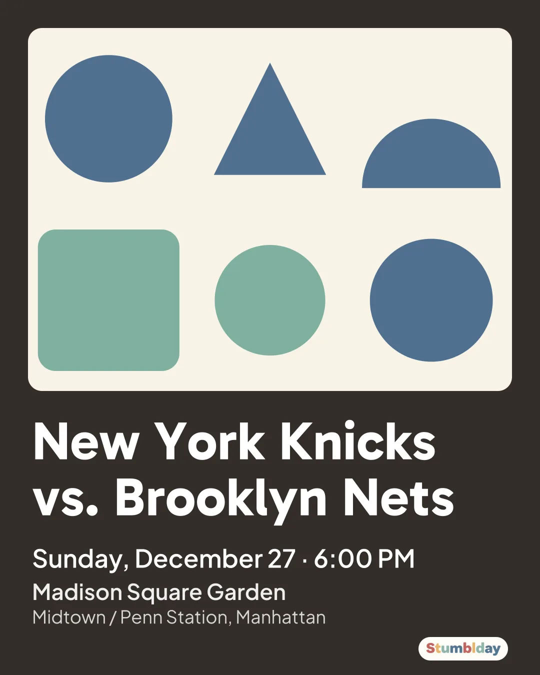 Flyer for New York Knicks vs. Brooklyn Nets: Sunday, December 27 · 6:00 PM at Madison Square Garden