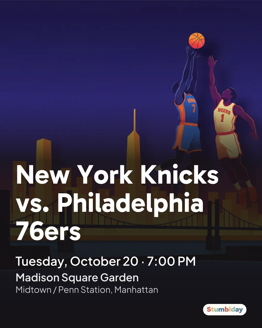 Flyer for New York Knicks vs. Philadelphia 76ers: Tuesday, October 20 · 7:00 PM at Madison Square Garden