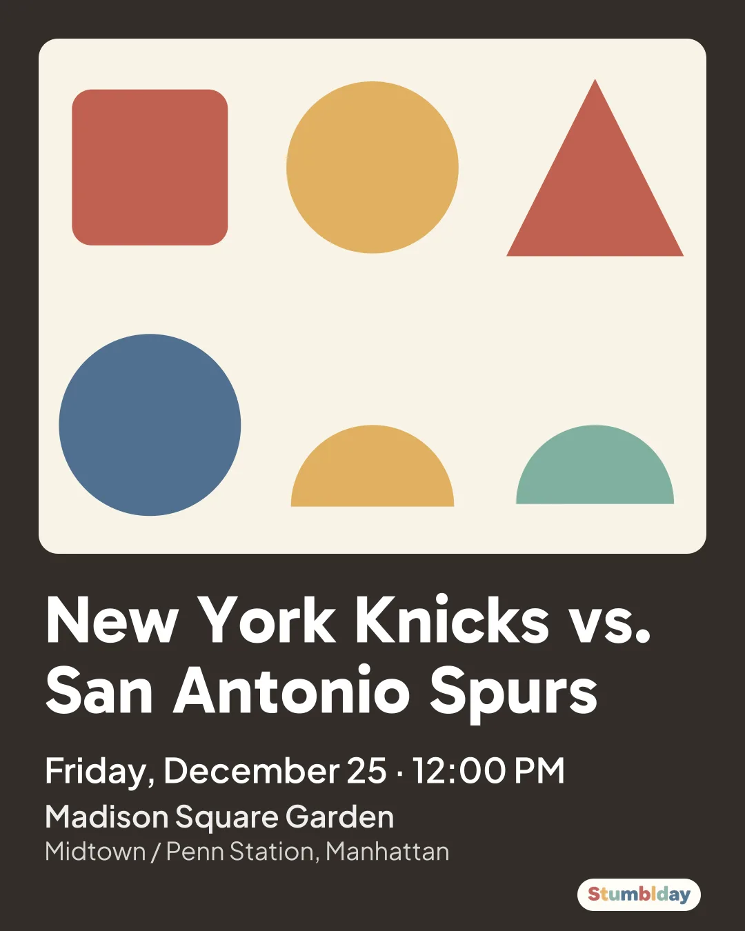 Flyer for New York Knicks vs. San Antonio Spurs: Friday, December 25 · 12:00 PM at Madison Square Garden