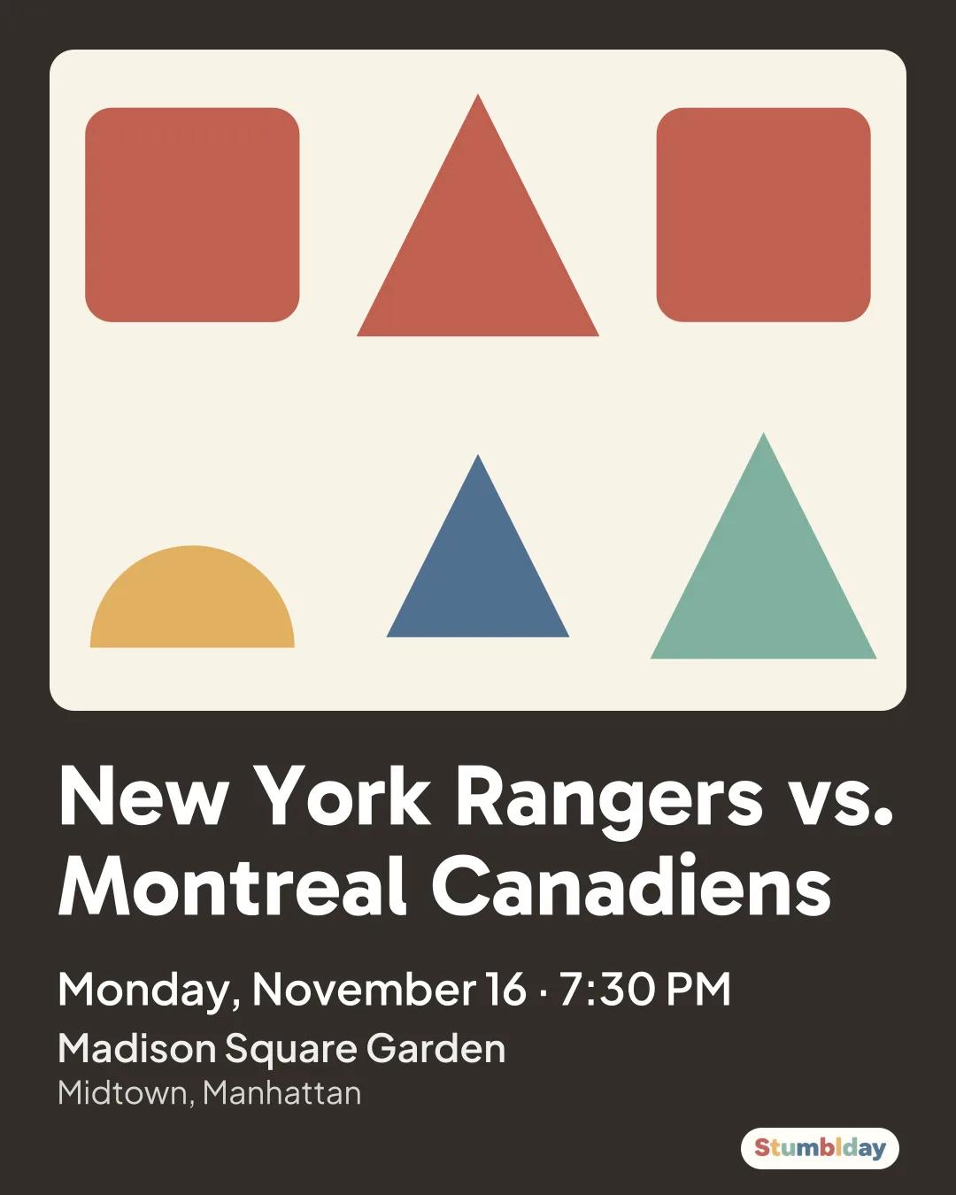 Flyer for New York Rangers vs. Montreal Canadiens: Monday, November 16 · 7:30 PM at Madison Square Garden