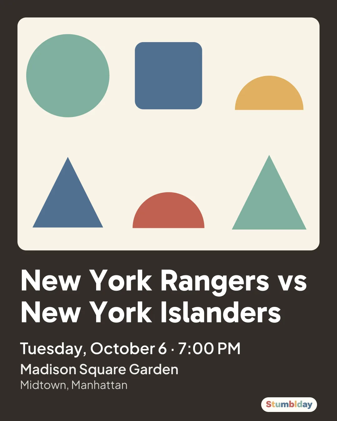 Flyer for New York Rangers vs New York Islanders: Tuesday, October 6 · 7:00 PM at Madison Square Garden