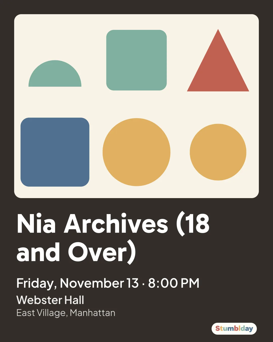 Flyer for Nia Archives (18 and Over): Friday, November 13 · 8:00 PM at Webster Hall