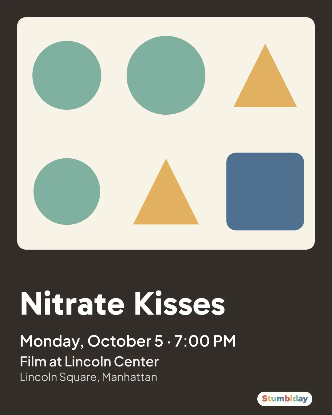 Flyer for Nitrate Kisses: Monday, October 5 · 7:00 PM at Film at Lincoln Center