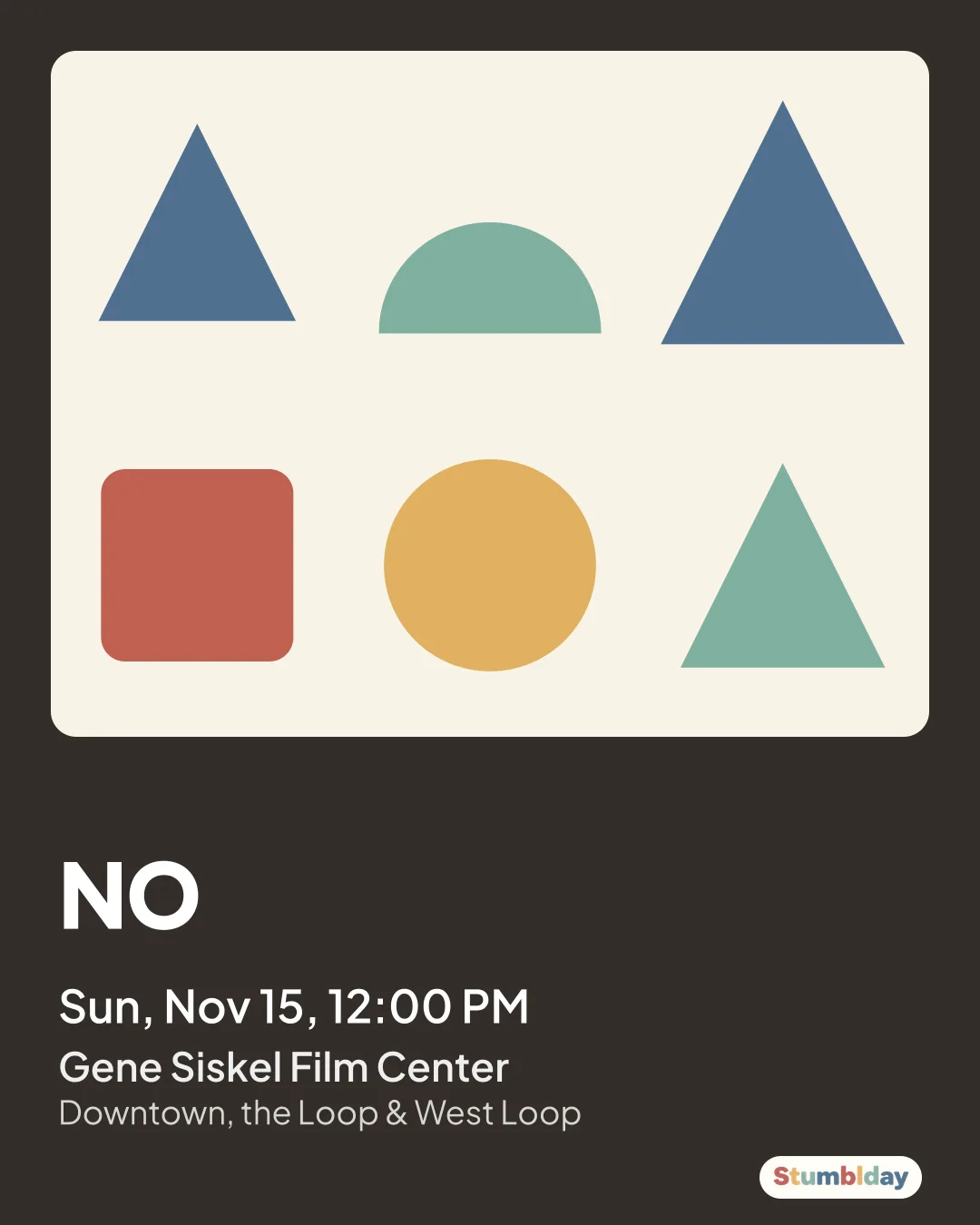 Flyer for NO: Sun, Nov 15, 12:00 PM at Gene Siskel Film Center