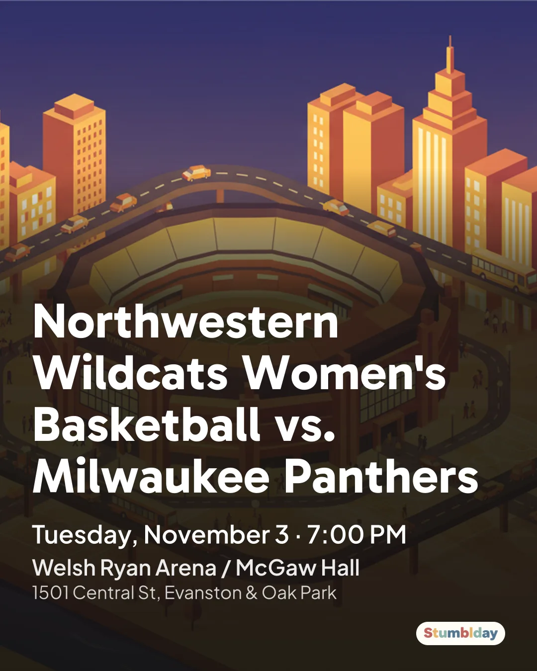 Flyer for Northwestern Wildcats Women's Basketball vs. Milwaukee Panthers: Tuesday, November 3 · 7:00 PM at Welsh Ryan Arena / McGaw Hall