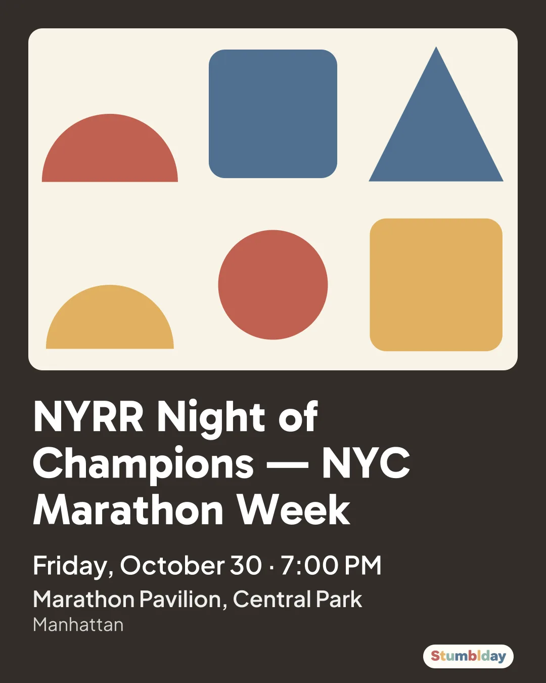 Flyer for NYRR Night of Champions — NYC Marathon Week: Friday, October 30 · 7:00 PM at Marathon Pavilion, Central Park