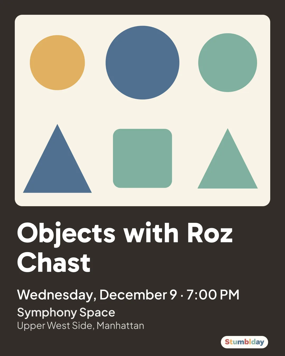 Flyer for Objects with Roz Chast: Wednesday, December 9 · 7:00 PM at Symphony Space